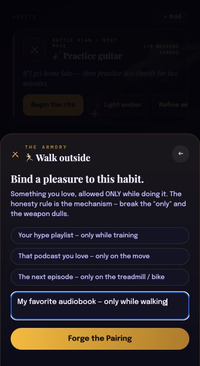 Adamant’s pairing form for Walk outside, filled with My favorite audiobook — only while walking. The button says Forge the Pairing.