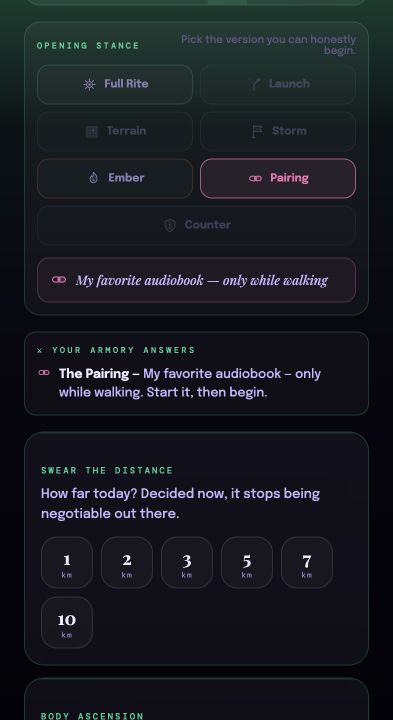 Adamant’s start screen with Pairing selected. The saved reminder says My favorite audiobook — only while walking. Start it, then begin.